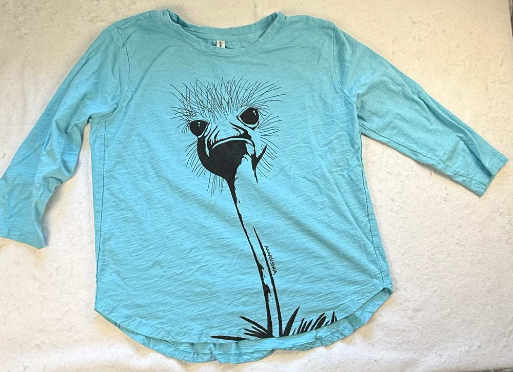 Marushka Handprints Ostrich Emu Graphic tunic Med turquoise Artsy Quirky Boho